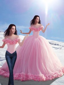 Baby Pink Ball Gowns Hand Made Flower Sweet 16 Dresses Lace Up Tulle Sleeveless