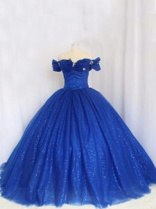 Floor Length Royal Blue Quinceanera Gown Tulle Cap Sleeves Hand Made Flower