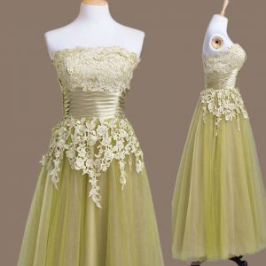 Tea Length Olive Green Wedding Party Dress Strapless Sleeveless Lace Up