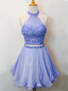 Organza Halter Top Sleeveless Lace Up Beading Bridesmaid Dress in Lavender