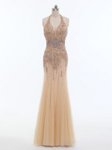 Ideal Champagne Backless Halter Top Beading Going Out Dresses Tulle Sleeveless