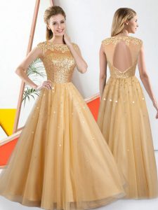 Ideal Champagne Sleeveless Floor Length Beading and Lace Backless Wedding Party Dress