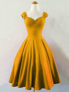 A-line Bridesmaid Dress Gold Straps Taffeta Sleeveless Mini Length Lace Up