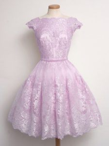 Lilac Scalloped Lace Up Lace Bridesmaid Dress Cap Sleeves