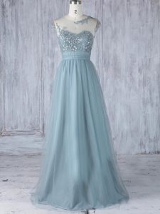 Cap Sleeves Tulle Floor Length Zipper Bridesmaids Dress in Grey with Appliques