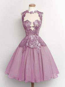 Eye-catching Lilac Sleeveless Knee Length Lace Lace Up Bridesmaid Dress