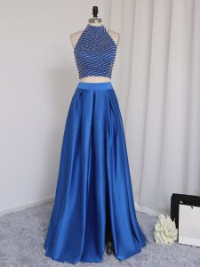 Nice Halter Top Sleeveless Zipper Prom Dress Royal Blue Elastic Woven Satin