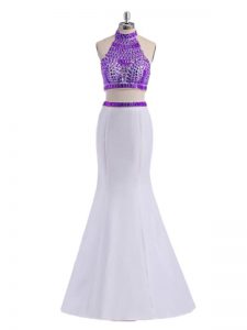 Two Pieces Prom Gown White And Purple Halter Top Satin Sleeveless Floor Length Criss Cross