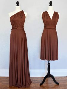 Delicate Sleeveless Chiffon Floor Length Lace Up Bridesmaid Gown in Brown with Ruching