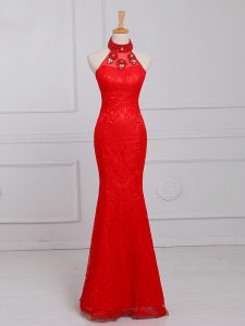 Sumptuous Red Lace Zipper Evening Outfits Sleeveless Floor Length Beading and Lace