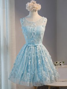 Flare Light Blue Tulle Lace Up Evening Dress Sleeveless Mini Length Lace and Appliques
