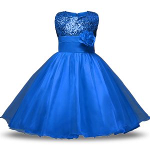 Amazing Sleeveless Knee Length Bowknot and Belt and Hand Made Flower Zipper Toddler Flower Girl Dress with Blue
