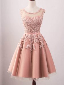 A-line Quinceanera Dama Dress Pink Scoop Tulle Sleeveless Knee Length Lace Up