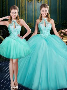 Halter Top Sleeveless Sweet 16 Quinceanera Dress Floor Length Beading and Pick Ups Aqua Blue Tulle