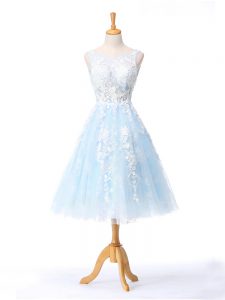 On Sale Tulle Scoop Sleeveless Backless Appliques Bridesmaid Dress in Light Blue