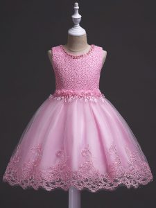 Modern Rose Pink Flower Girl Dress Wedding Party with Lace Scoop Sleeveless Zipper