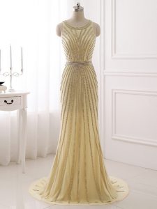 Extravagant Champagne Juniors Evening Dress Prom and Party and Sweet 16 with Beading and Belt Scoop Sleeveless Brush Tra