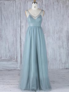 Edgy Grey Zipper Bridesmaid Dress Lace Sleeveless Floor Length