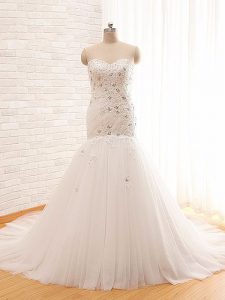 White Lace Up Sweetheart Beading and Appliques Wedding Gown Tulle Sleeveless Brush Train