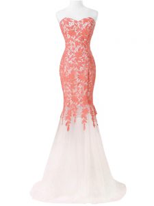 Floor Length White Evening Dress Tulle Sleeveless Lace and Appliques