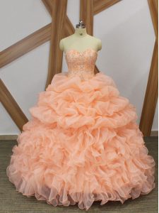 Modest Peach Quinceanera Dress Organza Sweep Train Sleeveless Beading and Ruffles and Pick Ups
