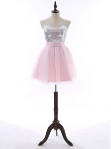 Edgy Baby Pink Prom Gown Prom and Party and Sweet 16 with Sequins and Bowknot Sweetheart Sleeveless Zipper