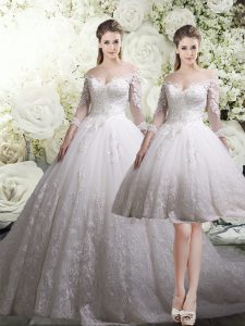 Unique White Off The Shoulder Neckline Lace Wedding Gowns 3 4 Length Sleeve Zipper