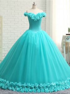 Free and Easy Aqua Blue Tulle Lace Up Quinceanera Dresses Sleeveless Court Train Hand Made Flower