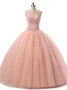 Dazzling Peach Ball Gowns Beading and Lace Quinceanera Dress Lace Up Tulle Sleeveless Floor Length