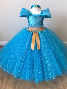 Custom Design Off The Shoulder Cap Sleeves Zipper Little Girl Pageant Dress Baby Blue Tulle
