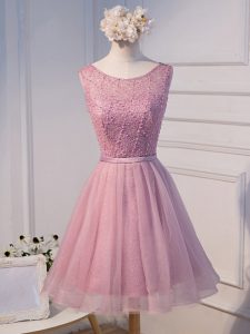 Enchanting Sleeveless Mini Length Beading and Belt Lace Up Dress for Prom with Pink