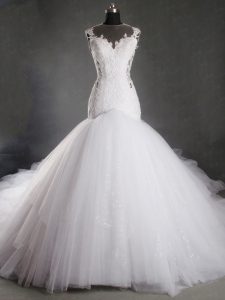 Enchanting Sleeveless Tulle Chapel Train Zipper Wedding Dress in White with Lace