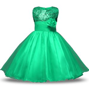 Enchanting Turquoise Ball Gowns Scoop Sleeveless Organza and Sequined Knee Length Zipper Belt and Hand Made Flower Toddl