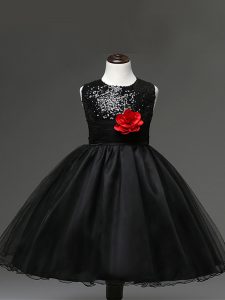 Black Tulle Zipper Kids Pageant Dress Sleeveless Knee Length Sequins and Hand Made Flower