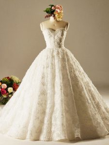 Customized White Wedding Dress Sweetheart Sleeveless Brush Train Lace Up