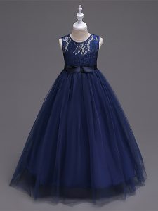 Fancy Navy Blue Scoop Neckline Lace Child Pageant Dress Sleeveless Zipper