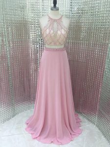 Glittering Pink Evening Wear Prom and Party and Military Ball with Beading Sleeveless Brush Train Zipper