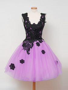 Knee Length Zipper Quinceanera Court Dresses Lilac for Prom and Party and Wedding Party with Appliques
