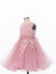 Pink Tulle Zipper Scoop Sleeveless Knee Length Little Girls Pageant Gowns Appliques and Hand Made Flower