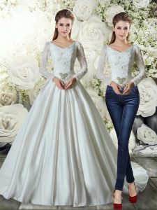 Elegant Satin V-neck Long Sleeves Brush Train Lace Up Beading and Appliques Bridal Gown in White