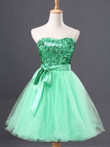 High End A-line Prom Gown Apple Green Sweetheart Tulle Sleeveless Mini Length Zipper