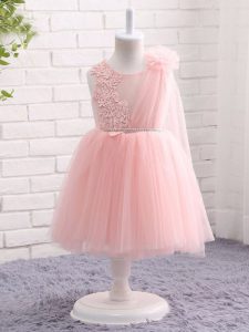 Top Selling Tulle Sleeveless Knee Length Little Girls Pageant Dress Wholesale and Appliques and Hand Made Flower
