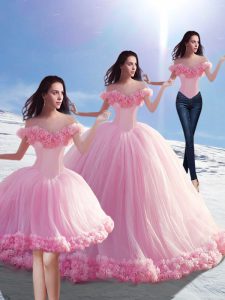 Baby Pink Quince Ball Gowns Tulle Brush Train Sleeveless Hand Made Flower