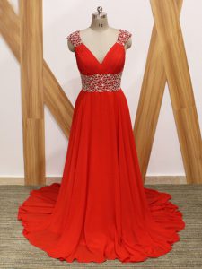 Elegant Red Sleeveless Brush Train Beading Evening Dress