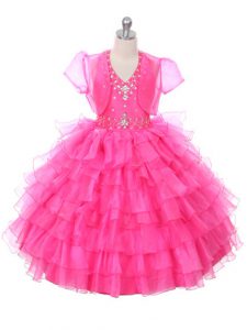 Hot Pink Halter Top Neckline Beading and Ruffled Layers Little Girls Pageant Gowns Sleeveless Lace Up