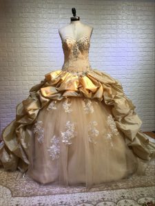 Elegant Sweetheart Sleeveless Taffeta and Tulle Vestidos de Quinceanera Beading and Appliques and Pick Ups Court Train L