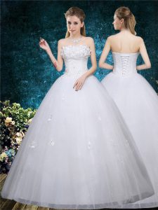 Exquisite White Sleeveless Floor Length Beading and Appliques Lace Up Wedding Dress