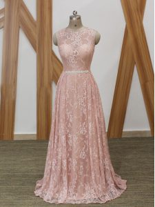 Pink Zipper Prom Gown Beading Sleeveless Floor Length Brush Train