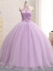 Lilac Ball Gowns Halter Top Sleeveless Tulle Brush Train Lace Up Beading Ball Gown Prom Dress