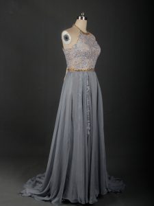 Grey Empire Beading and Appliques Prom Evening Gown Lace Up Chiffon Sleeveless